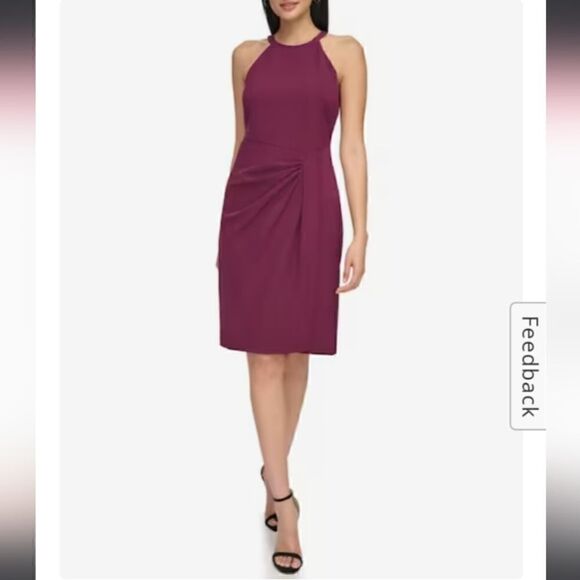 Vince Camuto Stretch Crepe Halter Ruched Dress in Plum - Picture 4 of 16